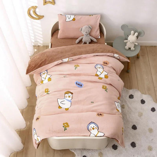 Children's Bed Three-piece Pillowcase Quilt Cover Sheet Milk Velvet Warm Bed Set Cartoon Animals