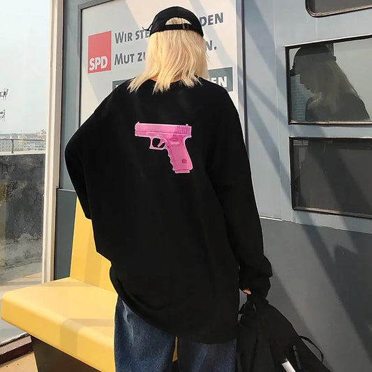 Toy Pistol Print Couple Loose Long-sleeved Harajuku Hip-hop T-shirt Sweatshirt