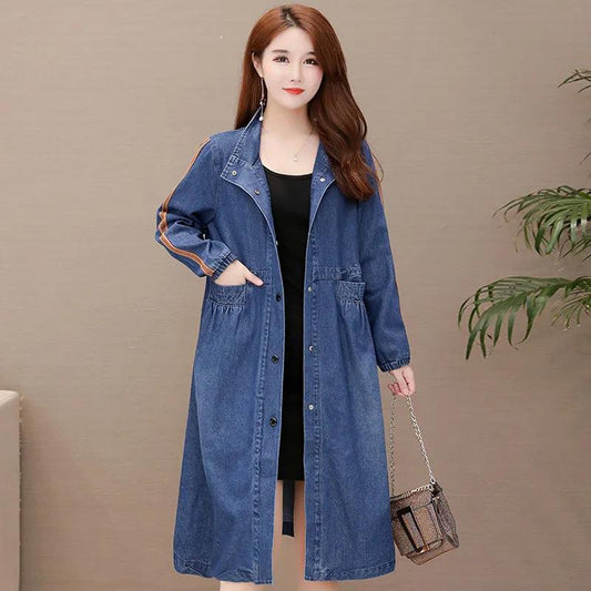Denim Windbreaker Women's Mid-length Loose Polo Collar Large Size Jacket Women's Solid Color Denim Long-sleeved Jacket