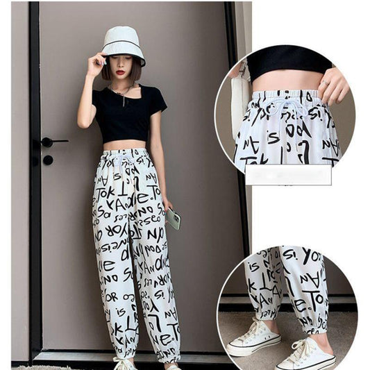 Chiffon Bloomers Women's Summer Letter Printing Graffiti Elastic Waist Loose-fitting Sports Casual Pants