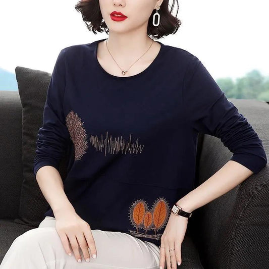 Women's Long-sleeved T-shirt Loose Round Neck Top Women Spring and Autumn Solid Color Bottoming Shirt