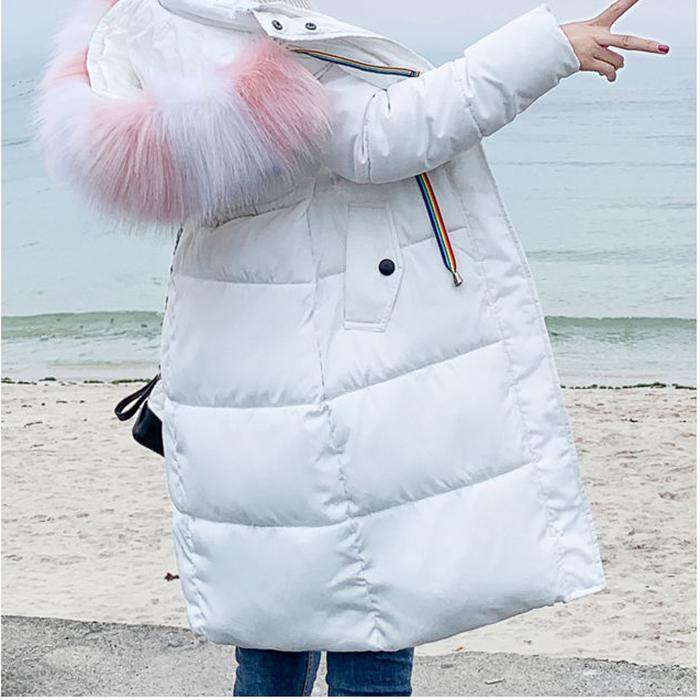 Ladies winter padded coat long over the knee fur collar hooded down padded jacket Slim thick warmth Parka Coat
