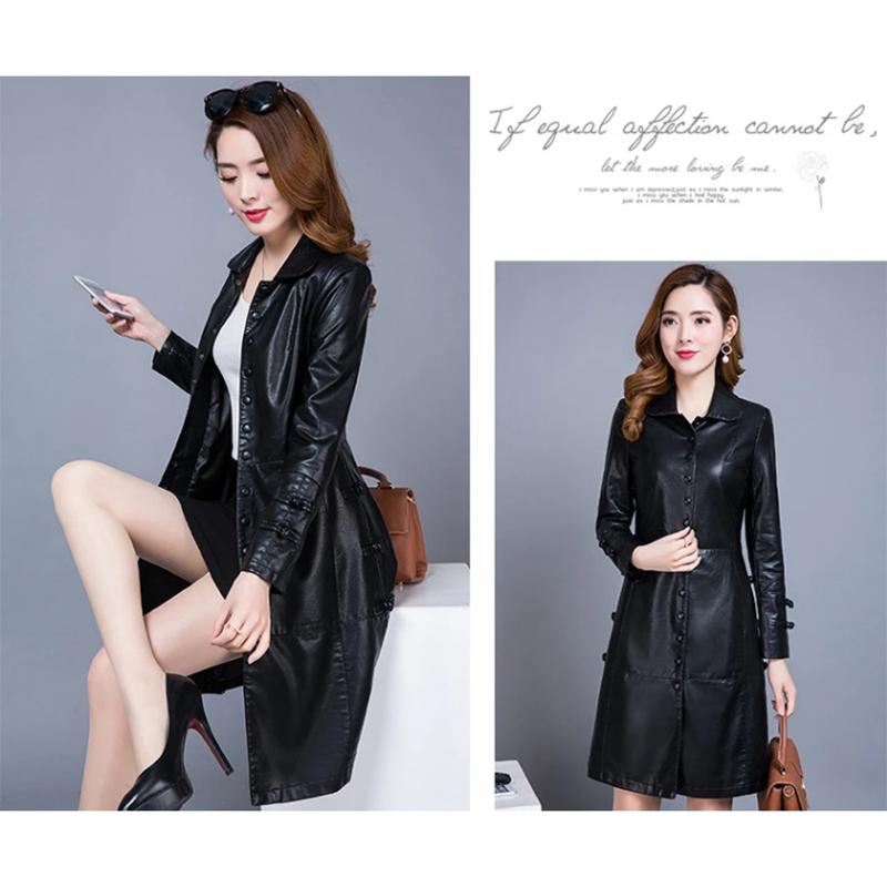 Women's Leather Jacket Mid-length Autumn and Winter Slim Waist Windproof Jackets Female PU Leather Korean Style Turndown Collar Windbreaker