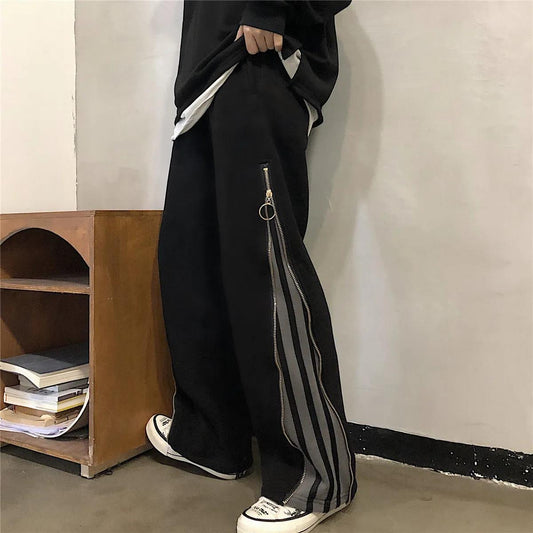Spring and Autumn Wide Leg Sports Striped Plus Velvet Zipper Color Matching Casual Pants Loose Hip Hip Straight Tube Women's Trousers Tide