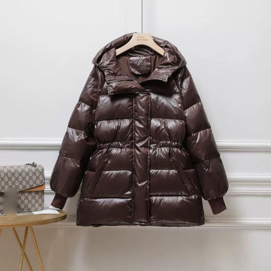 Glossy Down Jacket Ladies Mid-length Winter Padded Waist Coat Hooded Parka