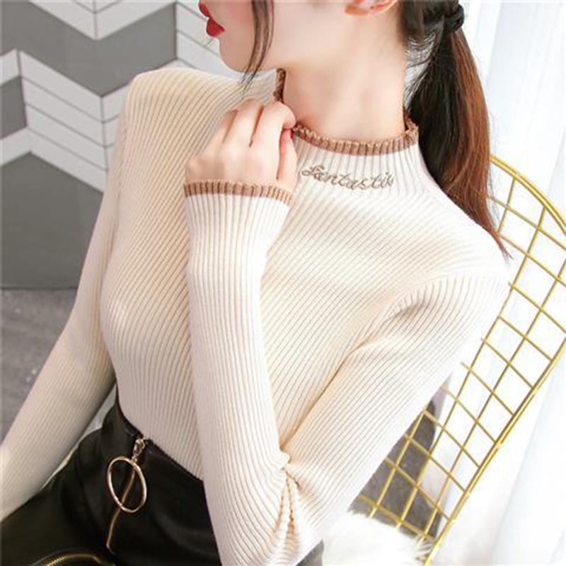 Pofulove Turtleneck sweater women top long sleeve warm sweaters Embroidered Knitted pullover