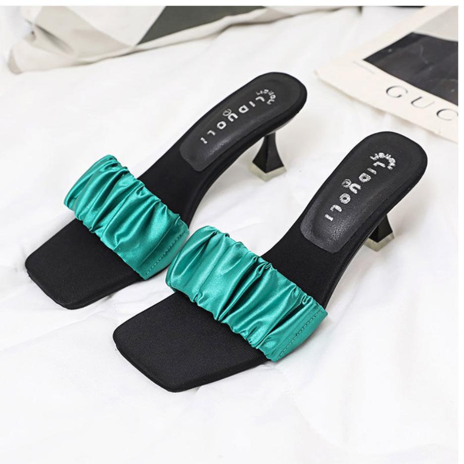 New High-heeled Shoes, Satin, Square Toe, Stiletto, Open-toe Women's Shoes for Outer Wear