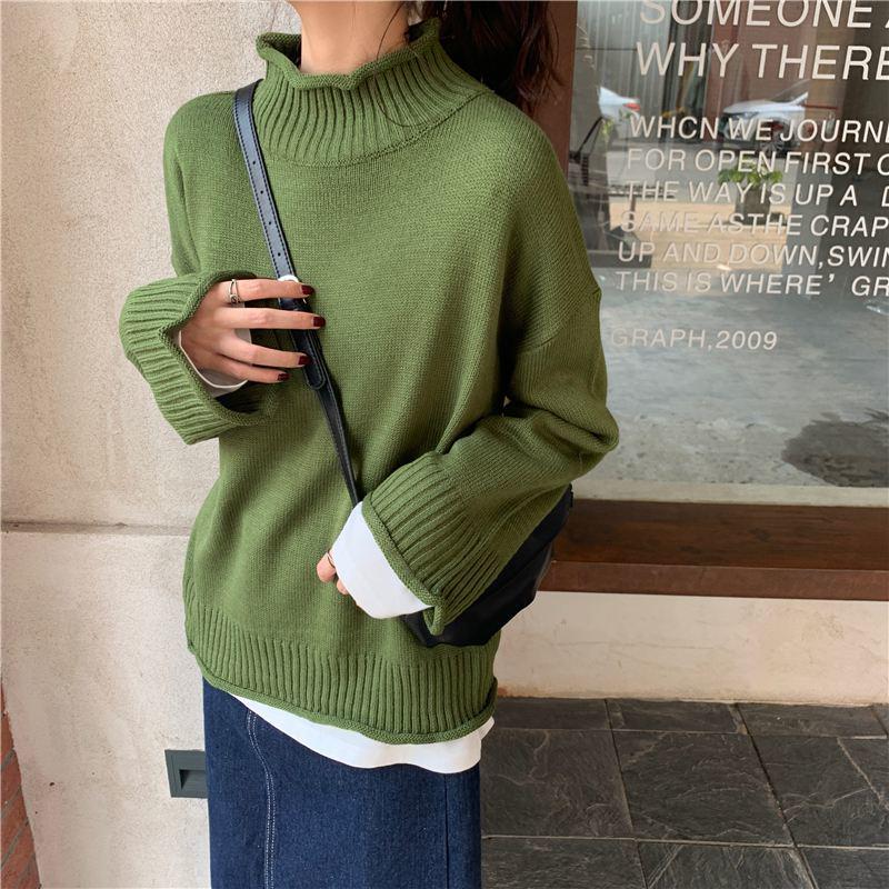 Autumn and Winter Casual Jacket Loose Solid Color Blouse Half High Neck Knitted Young Women Sweater
