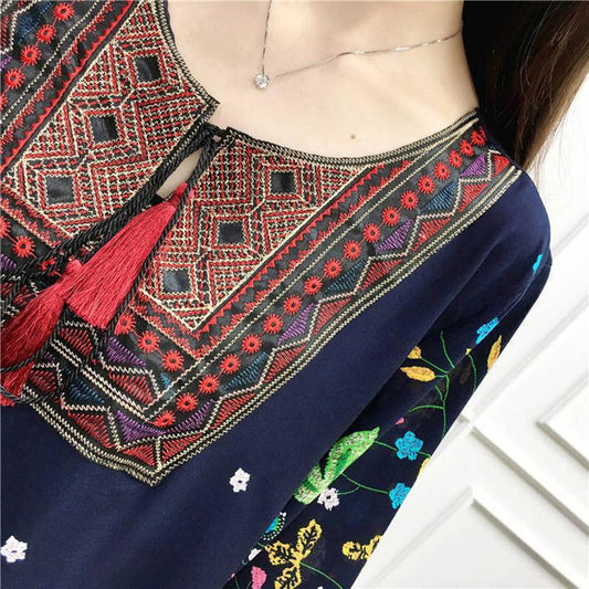 Women's Printed Dress Casual O-neck Short-sleeved Loose Dress Retro Folk Style Loose Mid-length Dress Cotton Fabric Sweat-absorbent and Breathable