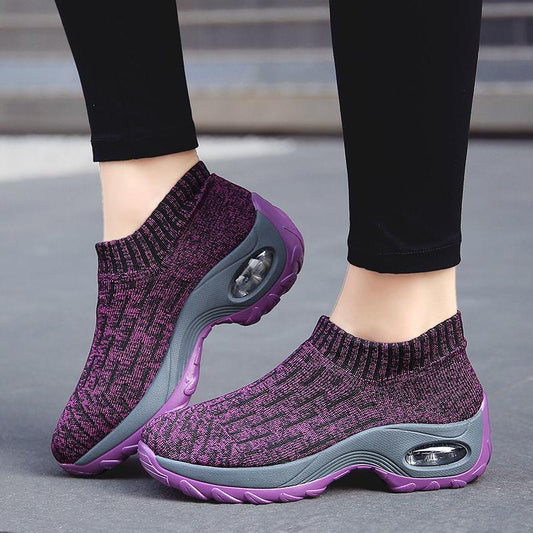 Women's Mid High-heeled Sneakers Casual Breathable Mesh Sports Shoes Running Flat Shoes Slip on Thick-soled Dance Shoes