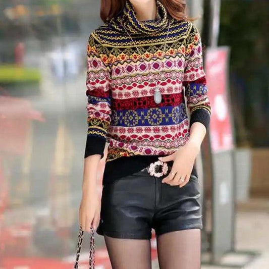 Vintage Print Turtleneck Sweater Women Thick Slim Pullover Sweater Heaps Collar Knitwear Bottoming/outwear