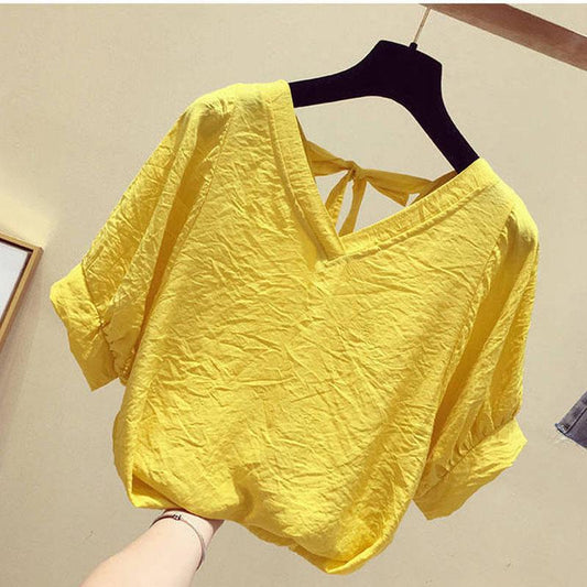 Women's Super Fairy Sweet Wind V-neck Open Back Chiffon Shirt Loose and Thin Belly Covering Top