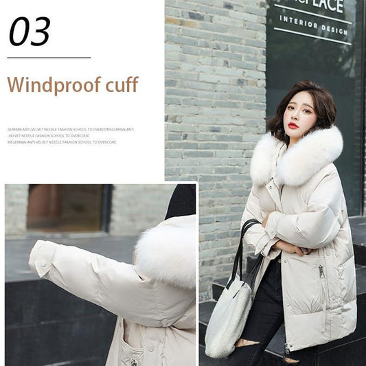 Women's Down Jacket Mid-length Thick Warm Winter Down Jacket Fluffy Big Fur Collar Warm Winter Thick Coat Thick Cotton Jacket Women