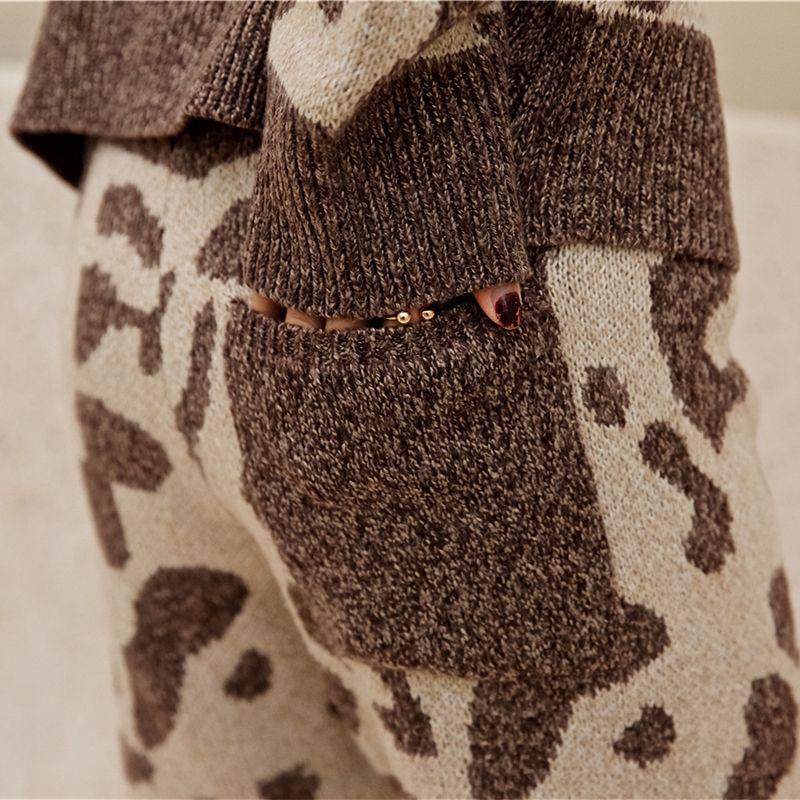 2pcs/set Women Knit Leopard Pullover Sweaters+Pants Sets Woman Fashion Jumpers Trousers 2 PCS Costumes Outfit