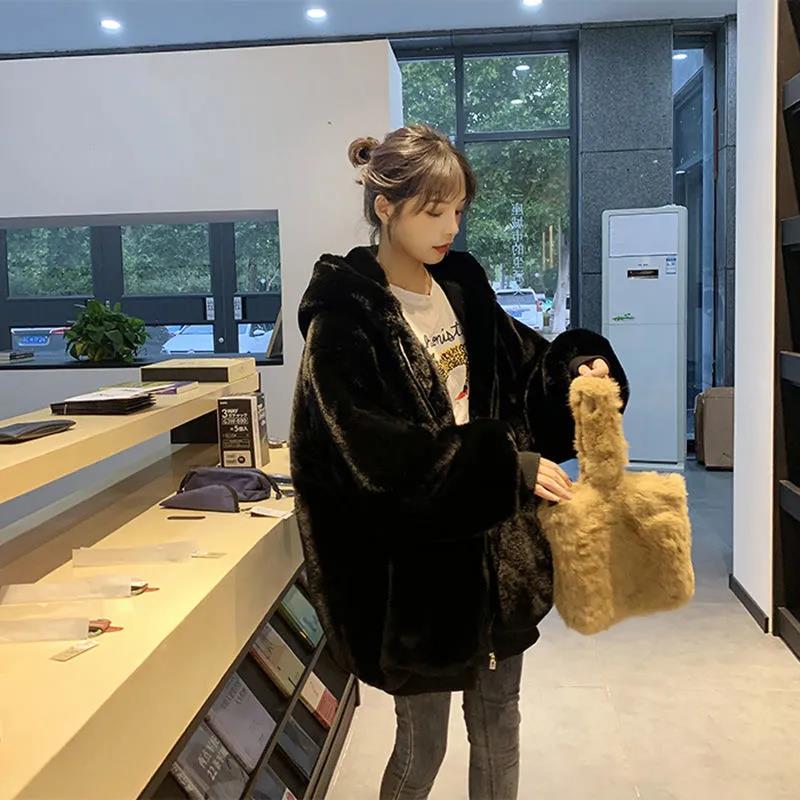 Fur Coat Winter Ladies Loose Casual Hooded Thickened Warm Mid-length Fur All-in-one Plush Jacket