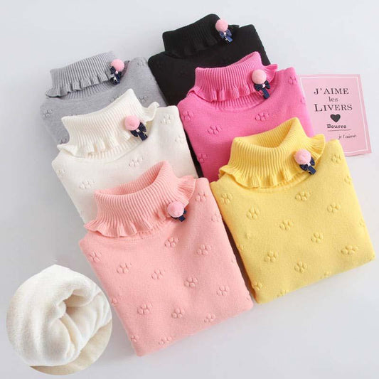 Girl Sweater Plus Velvet Thick Autumn and Winter Solid Color Set High Collar Long-sleeved Big Children's Knitting Shirt