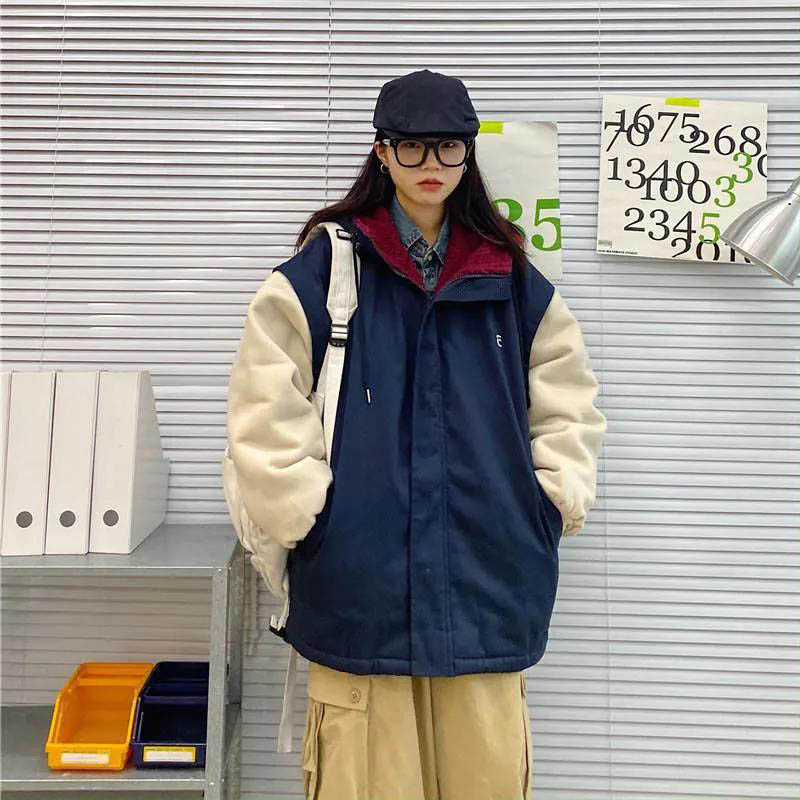 Cotton-padded Jacket Women's Winter Style Cotton-padded Jacket Loose Student Hong Kong Style Lamb Wool Plus Velvet Thick Coat