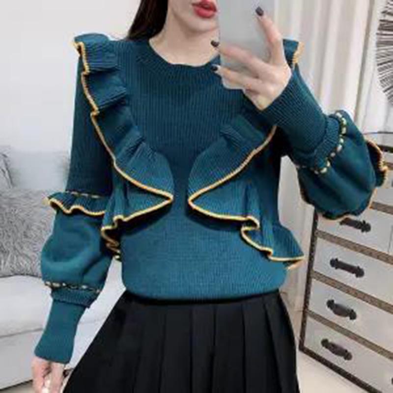 Autumn Winter Sweater Women's Knit Sweater Round Neck Pullover Fashion Ruffled Wild Long-sleeved Bottoming Shirt