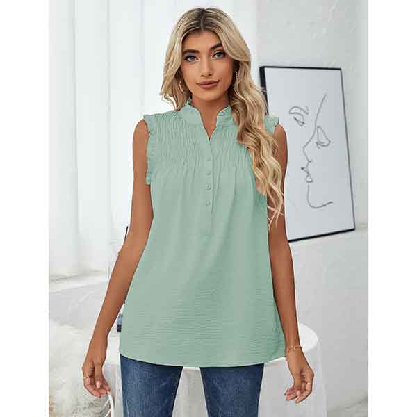 European and American Shirt Women's Sleeveless High Neck Button Frill Loose Casual Top