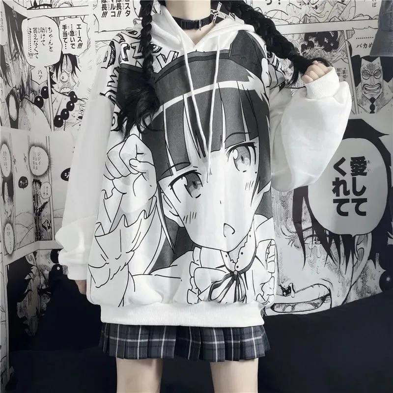Sweatshirts Women Fashion Cartoon Girl Printed Oversized Pullover Hoodies White Streetwear Hip Hop Harajuku Sweatshirts Tops Winter Clothes Sportshirt