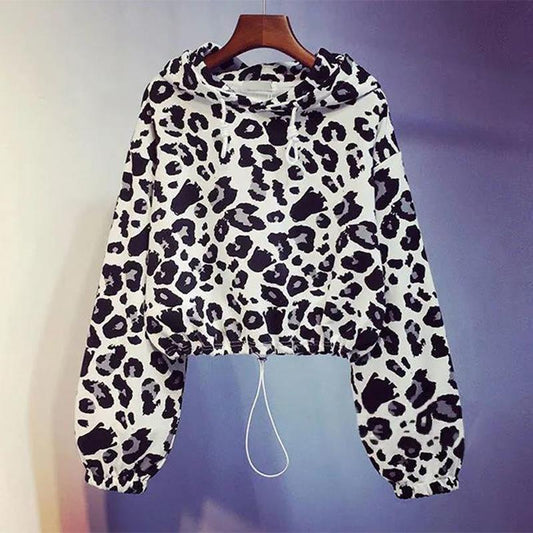 Leopard Print Long-sleeved Hooded Sweater Women's Short Coat Loose Top