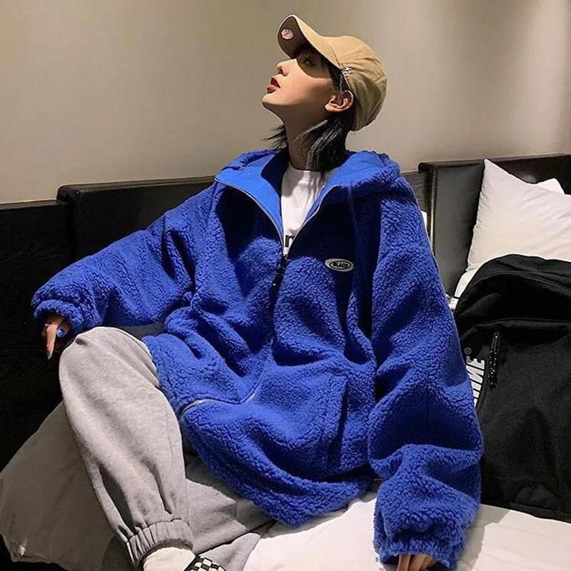 Two-sided Polar Fleece Jacket Winter Thick Embroidered Hooded Zipper Lamb Wool Jacket Suitable for Young Women