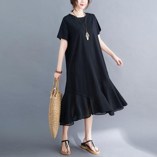 Boho Long Dress for Women O Neck Short Sleeve Large Hem Beach Long Dress Elegant Women's Dress