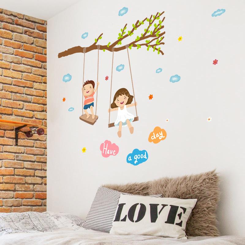 Boy girl swinging bedside porch sofa TV corner background decorative wall sticker happy childhood
