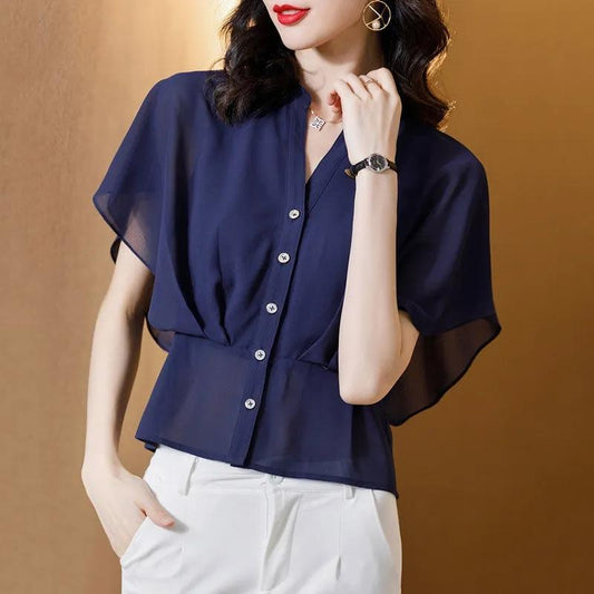 Chiffon Shirts Short Sleeve Women's Blouses Summer Slim Waist Short Blouse V-neck Buttons Trumpet Sleeves Temperament Tops Casual All Match Female Top