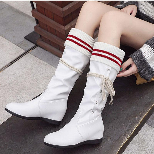 Inner Increase High Boots Women Wedge Heel Knight Boots Short Fleece Calf-high Leather Boots