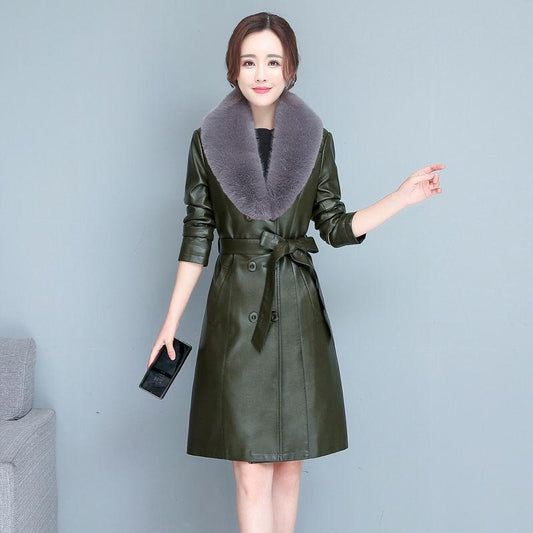 Women's Sheepskin Leather Jacket Long Slim Lapel Large Size Leather Trench Coat Autumn Winter Suede Jackets Ladies