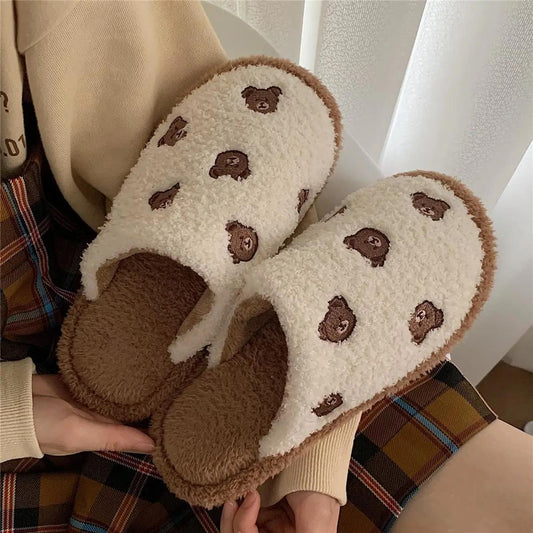 Cute Bear Slippers Autumn and Winter Warm Casual Flat Shoes Indoor Non-slip Cotton Shoes Soft Shoes
