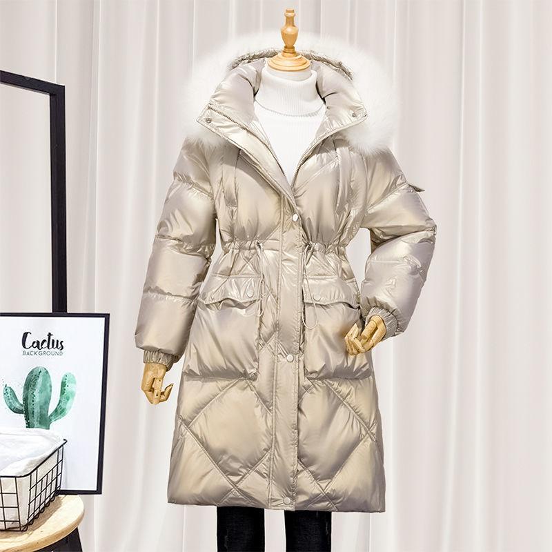 Winter Thick Mid-length Hooded Shiny Down Jacket Women Loose Waist Big Fur Collar White Duck Down Jacket Women Winter Thick Warm Jacket