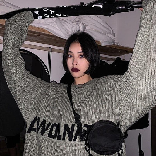 Autumn Winter Women Fashion Sweater Casual Knitting Sweater Letters Jacquard Round Neck Pullovers Loose Long Sleeve Sweater