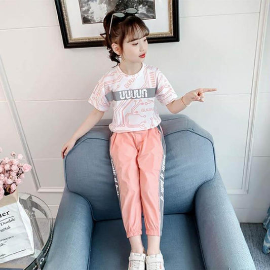 Girls Summer Casual Short-sleeved Suits Children's Sports Loose Sweatpants Sweat-absorbing Skin-friendly Soft Korean Children's Suits