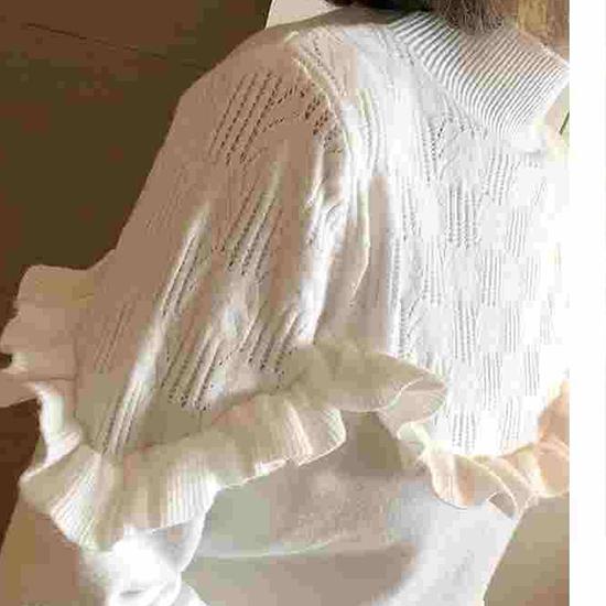 Pofulove Girly Ruffles Neck V-shaped Lace Knitwear Skin-friendly High Elastic Lady Jumper Sweater