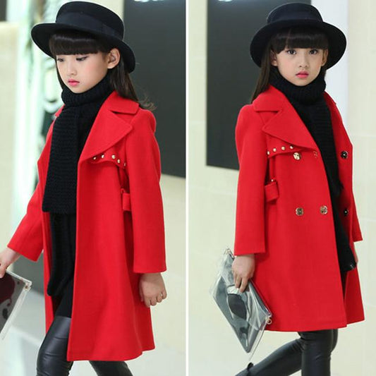 Festive Christmas Clothes Girls Coat Children's Woolen Coat Mid-length Red Fashion Thick Winter Clothes