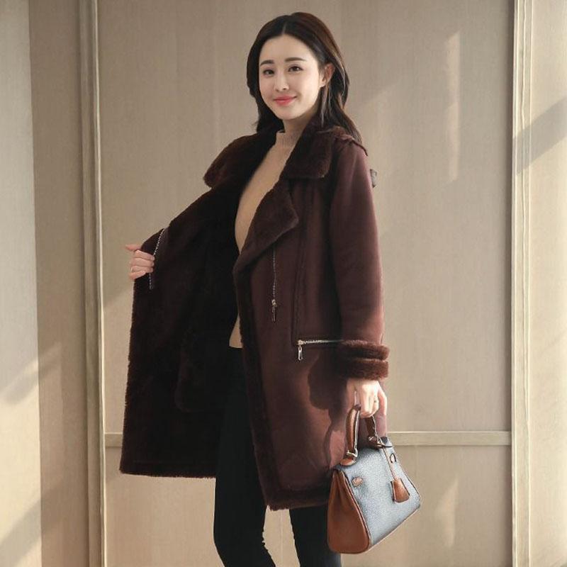 Winter Faux Sheepskin Coat Women Long Warm Suede Warm Thick Coats Faux Fur Lined Parka Plus Size Trench Coat