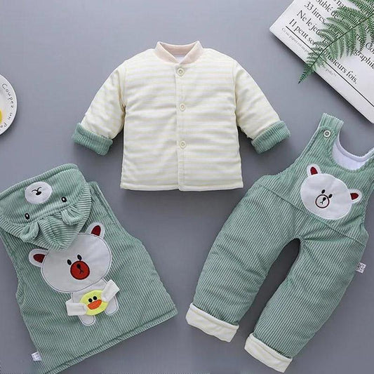 Baby Winter Coat Suit Plus Velvet Thickening Newborn Baby Clothes Corduroy Hooded Autumn and Winter Three-piece Cotton Jacket