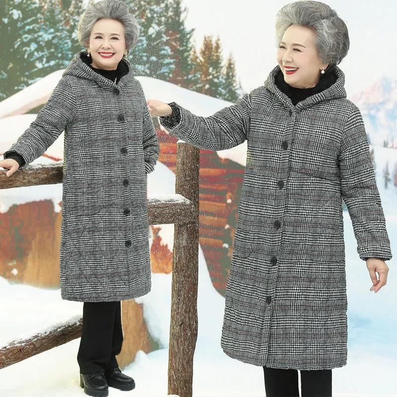 Middle-aged and Elderly Women's Grandmother Winter Padded Jacket Mid-length Plus Velvet Thickening Elderly Mother's Coat