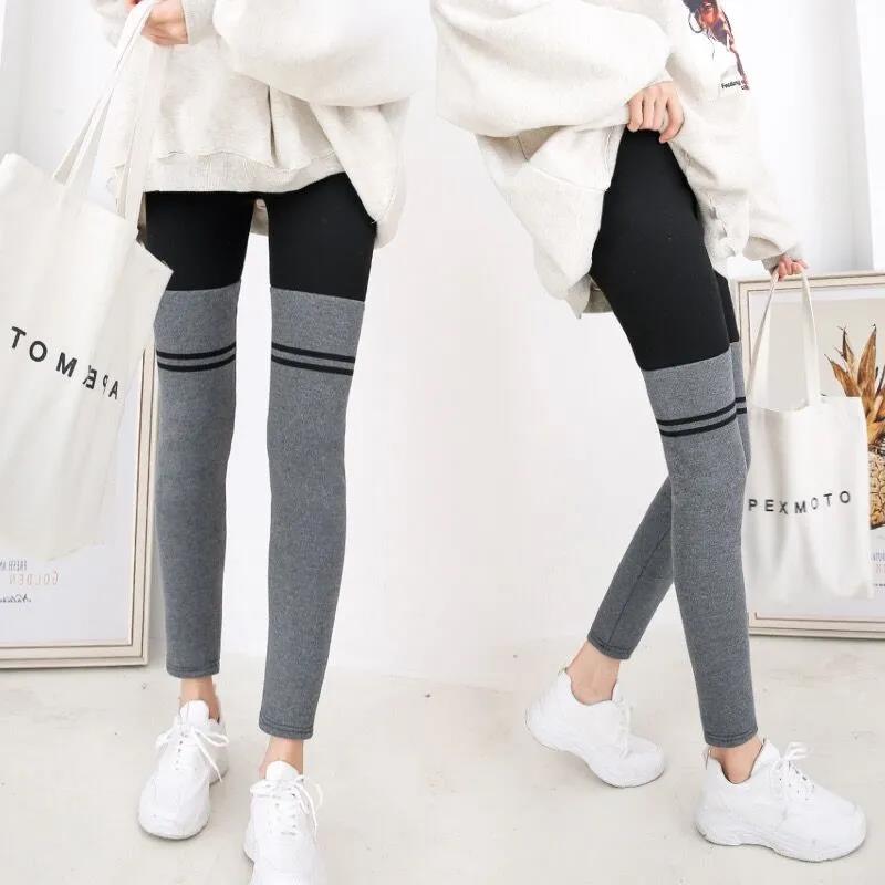Plus Velvet High Waist Stitching Contrast Color Leggings Women Wear All-match Thin Elastic Feet Pants