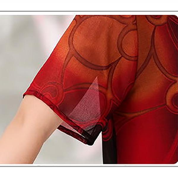 Middle-aged and Elderly Women's Summer Dress Large Size Chiffon Print Round Neck Short Sleeve Skirt