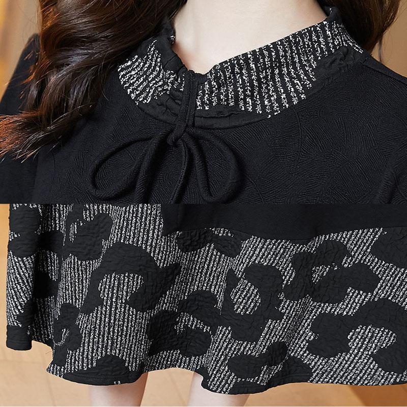 Women Turn-down Collar Print Long Sleeve Dress Big Pocket Spring and Autumn Large Size Loose Mid-calf Dress Size L-XXXXXL