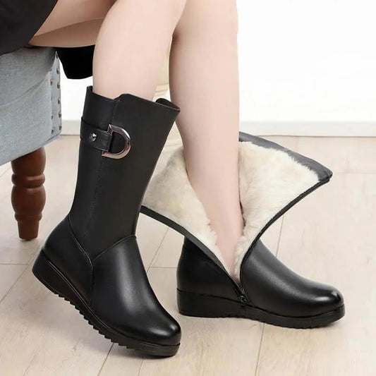 Mid-tube Boots Autumn Winter Women's Boots Plus Velvet Cotton Boots Flat-bottom Flat-heel Women's Shoes Mid-boots Middle-aged Leather Boots