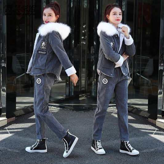 2pcs/set Winter Parka Women Fleece Liner Hooded Parka Coat+ Pant Two-piece Set Ladies Causual Warm Jacket Outwear Outfits