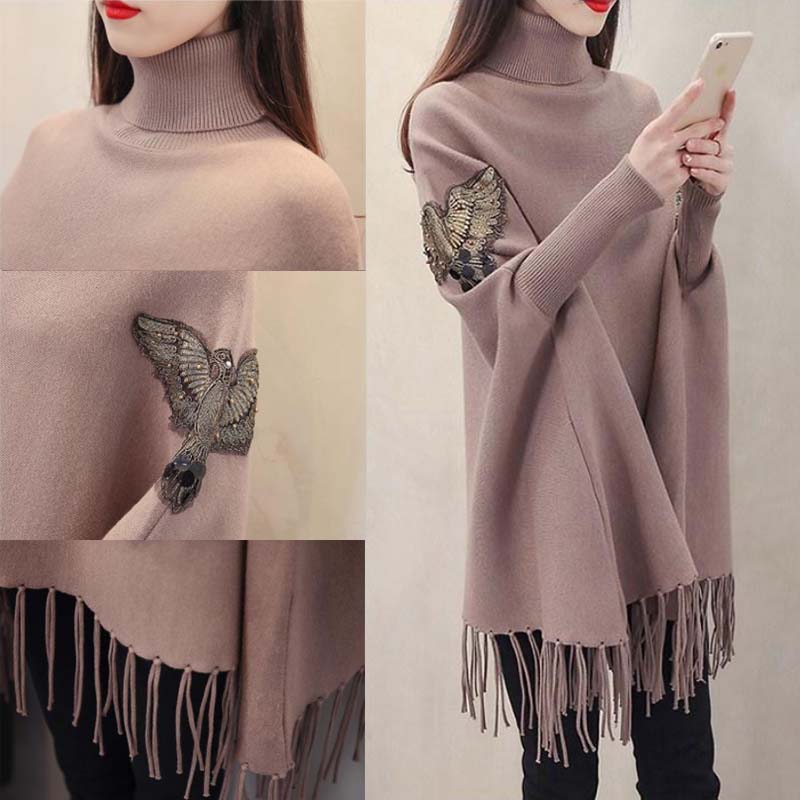 2021 New Autumn and Winter High Neck Tassel Sweater Women Mid-length Korean Loose Large Size Cloak Coat Knitted Bat Shirt