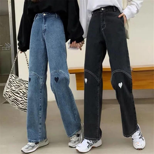 Love Embroidery Jeans Men and Women Loose Retro Washed Wide Leg Straight Pants Chinese Version Trend All-match Casual Long Pants