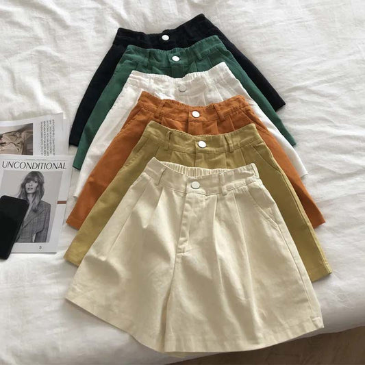 Summer Women's Semi-elastic Waist Shorts Cotton Loose High-waisted Wide-leg Short Pants Casual Pants Comfortable Beach Shorts Solid Color Shorts