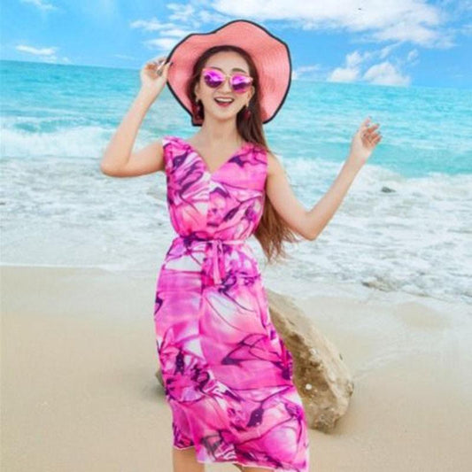 Bohemia Chiffon Printed Dress Midi V-neck Travel Vacation Beach Dress Sleeveless Sundress