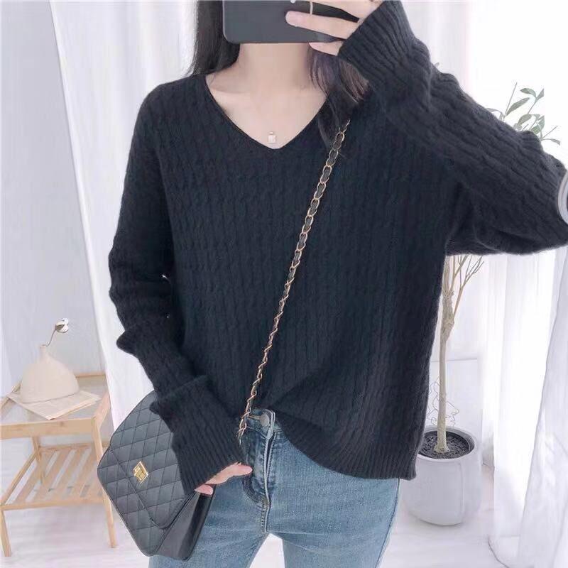 V-neck Sweater Women Spring and Autumn Loose Short Bottoming Shirt Solid Color Stitching Bottoming Blouse Women Pullover